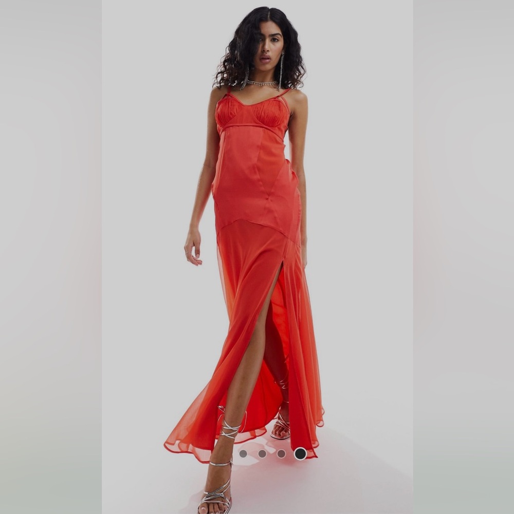 ASOS Red Chiffon Corset Detail Satin Bias Maxi Dress with Cut Out